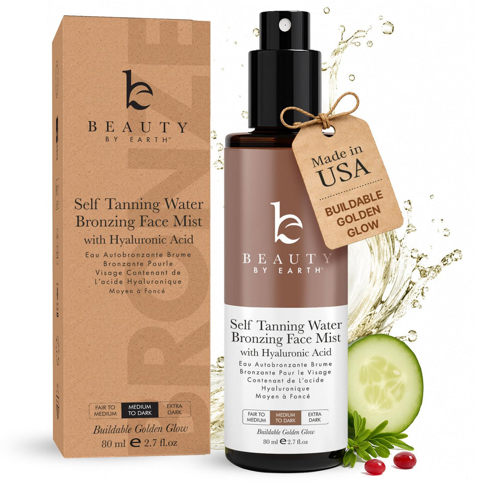 Beauty by Earth front packaging showing the bronzing face mist and clear branding benefit: easy identification