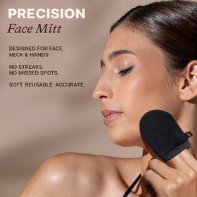 Beauty by Earth face mitt applying near jawline for natural blended neckline