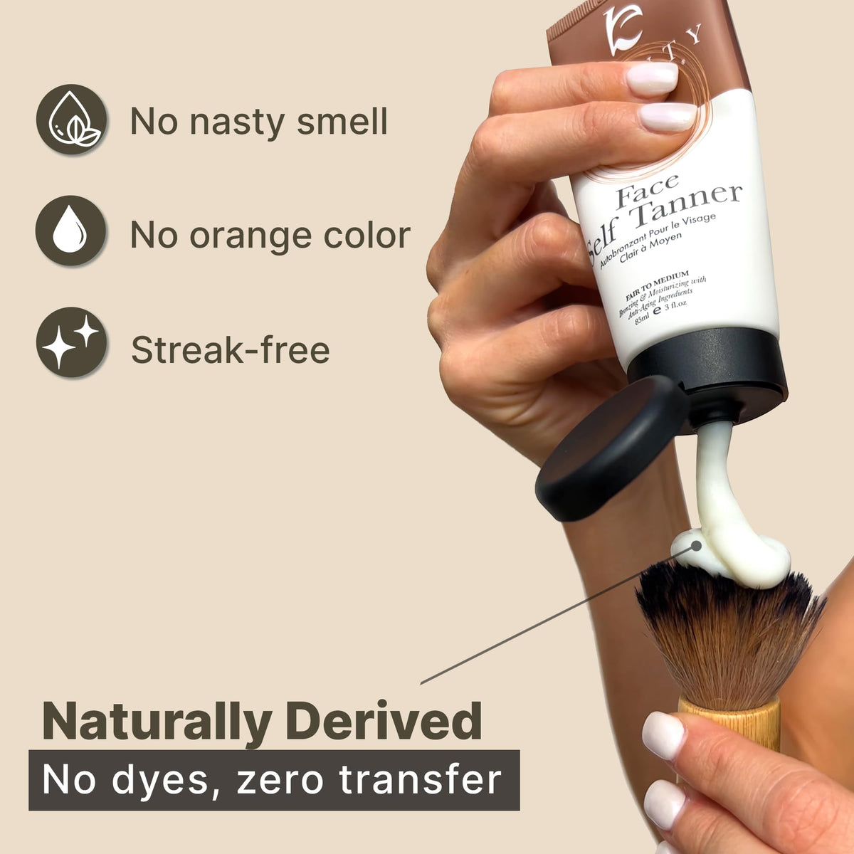 Beauty by Earth applying tanner to hand, demonstrates easy, streak-free application