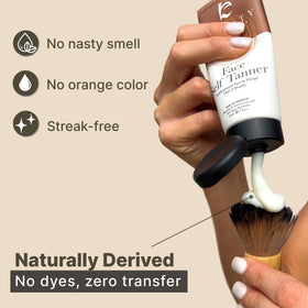 Beauty by Earth applying tanner to hand, demonstrates easy, streak-free application