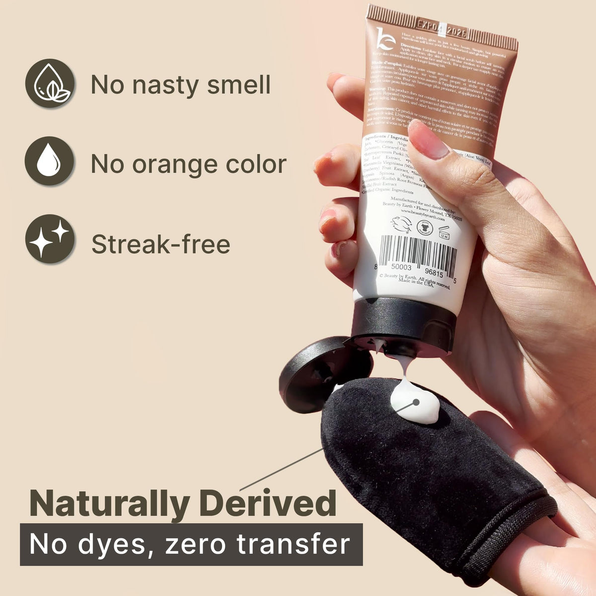 Beauty by Earth close-up of lotion swipe showing smooth blendability benefit streak-free finish