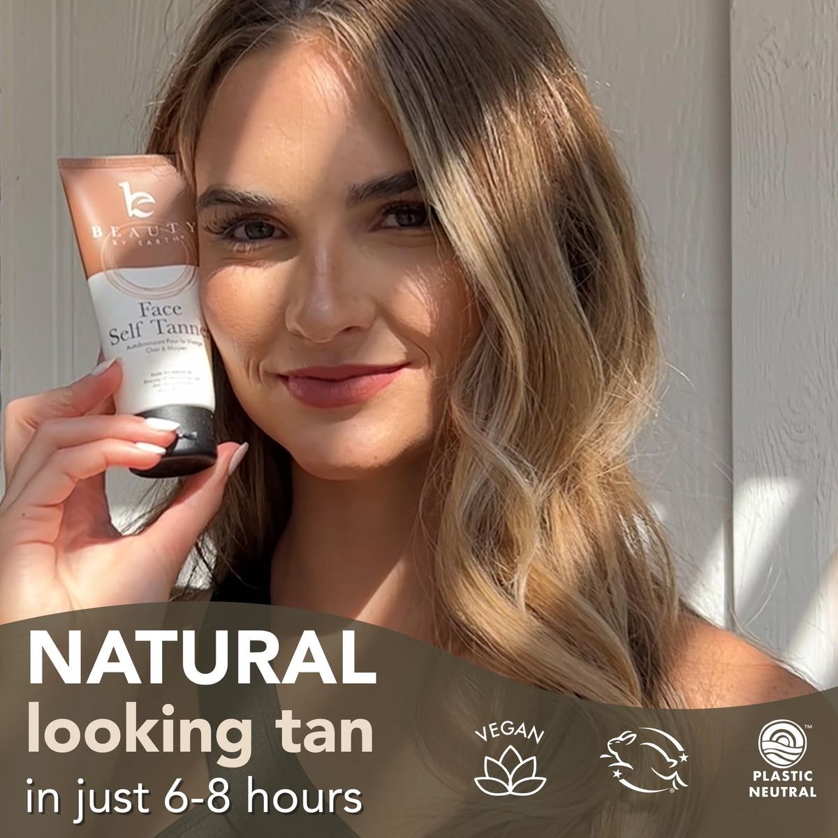Beauty by Earth before and after on model, displays subtle natural-looking bronze