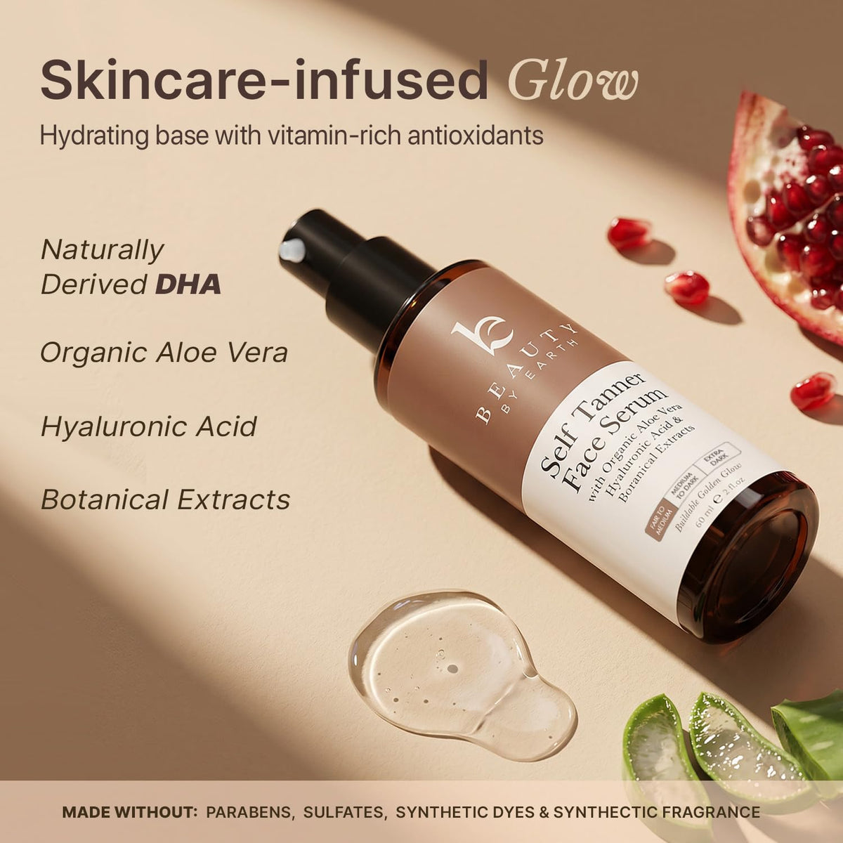 Beauty by Earth bottle beside skincare items illustrating compact size and travel ease
