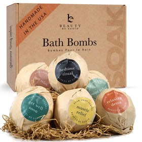 Beauty by Earth front packaging view showing gift-ready bath bomb set benefits