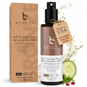 Beauty by Earth front packaging showing bronzing face tanner benefits
