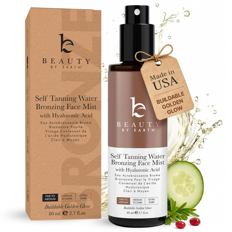 Beauty by Earth front packaging showing bronzing face tanner benefits