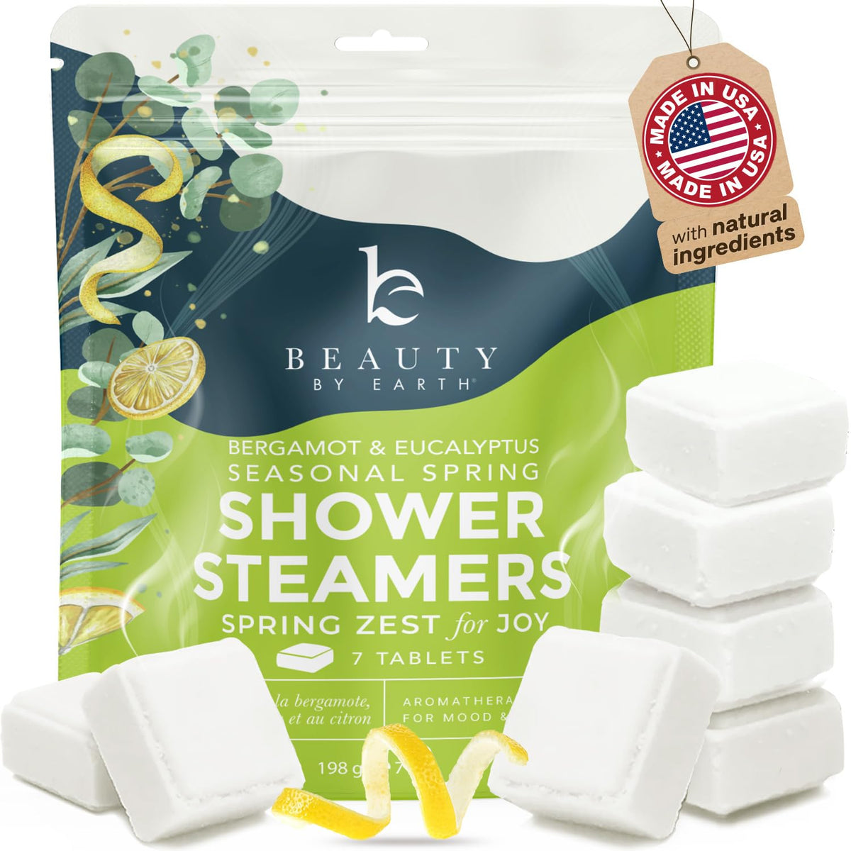 Beauty by Earth front packaging showing eucalyptus shower steamers and energizing scent