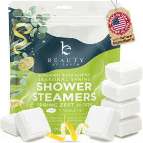 Beauty by Earth front packaging showing eucalyptus shower steamers and energizing scent