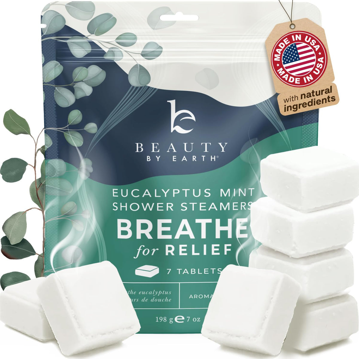 Beauty by Earth front packaging showing eucalyptus steamers and clean design benefits relaxation