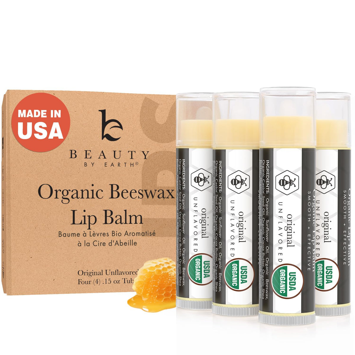 Beauty by Earth front packaging showing four organic lip balms and clean design benefit: easy gifting
