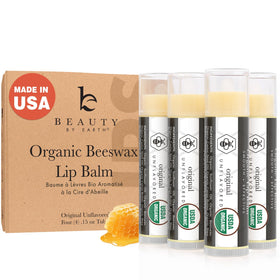 Beauty by Earth front packaging showing four organic lip balms and clean design benefit: easy gifting
