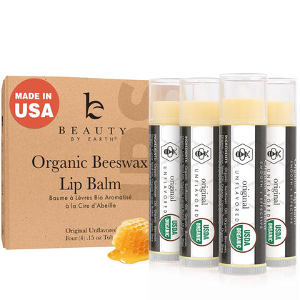 Beauty by Earth front packaging showing four organic lip balms and clean design benefit: easy gifting