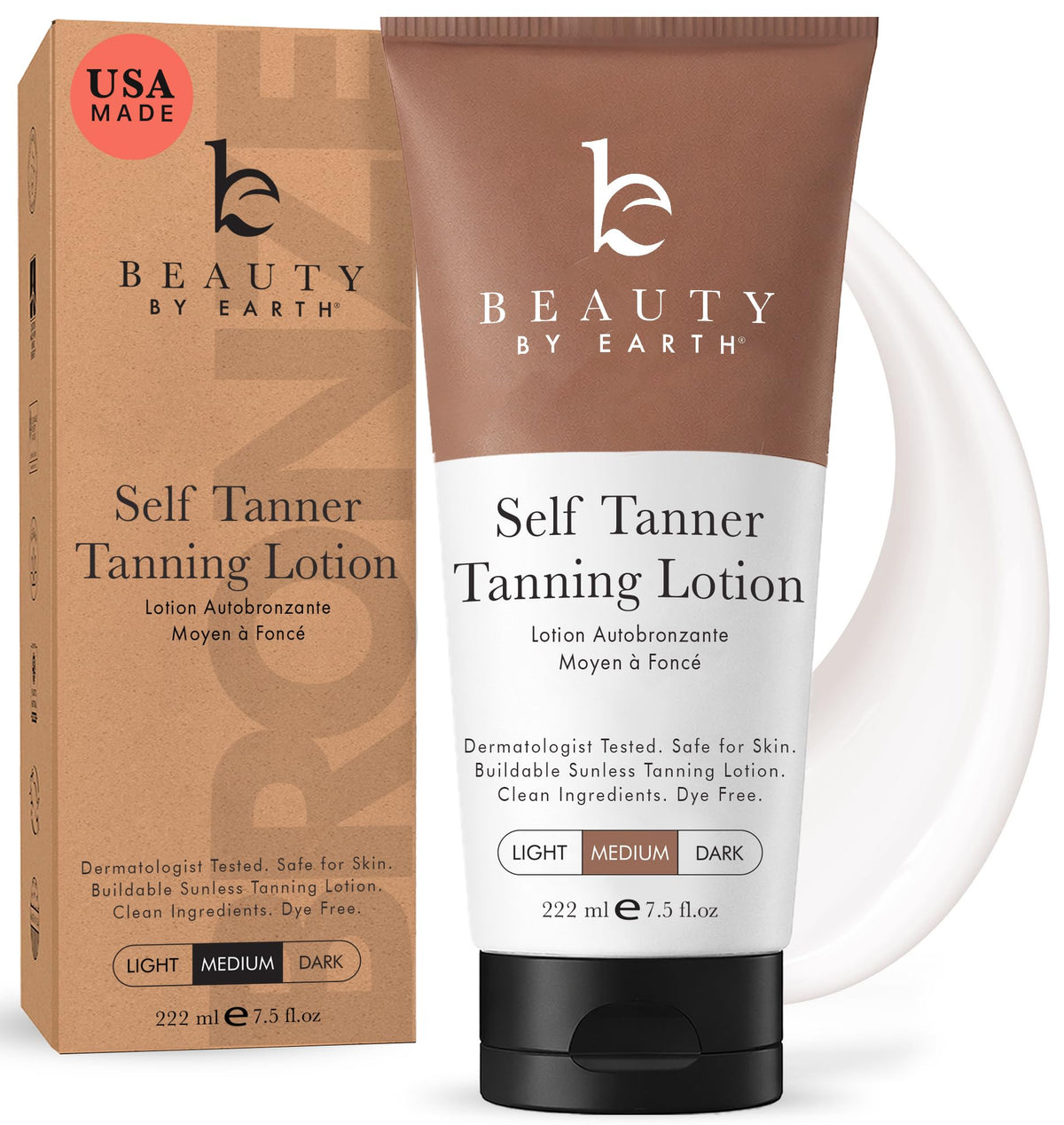 Beauty by Earth front packaging showing medium self tanner, natural glow