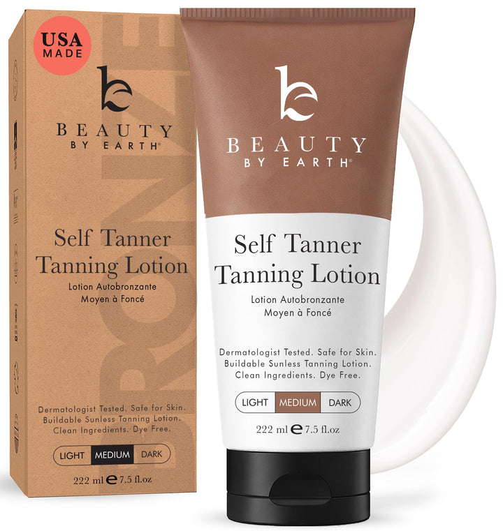 Beauty by Earth front packaging showing medium self tanner, natural glow