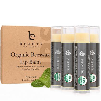 Beauty by Earth front packaging shows peppermint lip balm and benefits