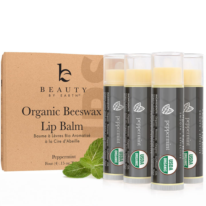 Beauty by Earth front packaging shows peppermint lip balm and benefits