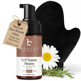 Beauty by Earth front packaging showing tan kit and mitt benefits quick results