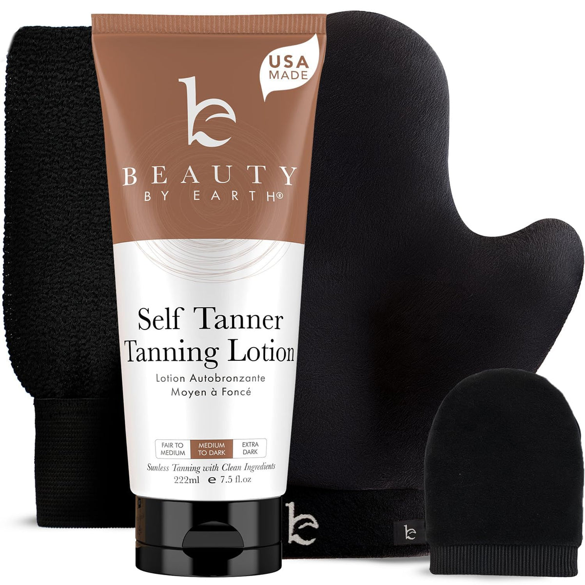 Beauty by Earth front packaging showing complete self-tanner kit and benefits