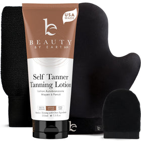 Beauty by Earth front packaging showing complete self-tanner kit and benefits