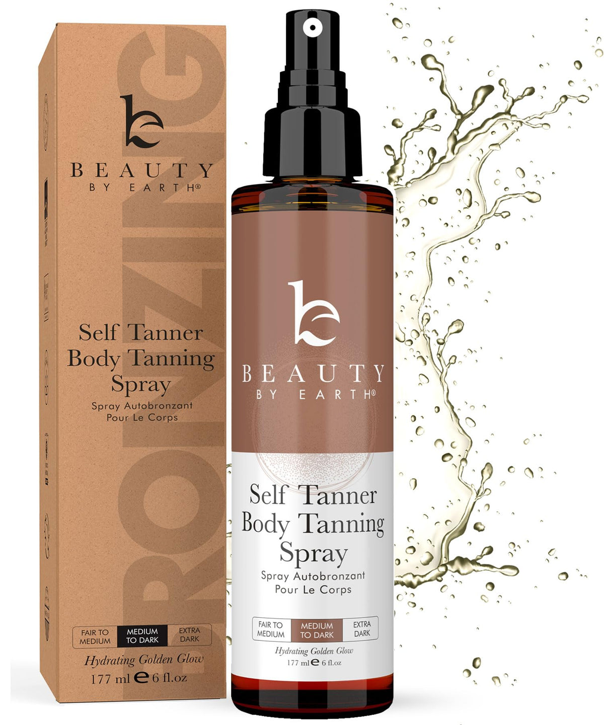 Beauty by Earth front packaging showing clean sunless tanner benefits