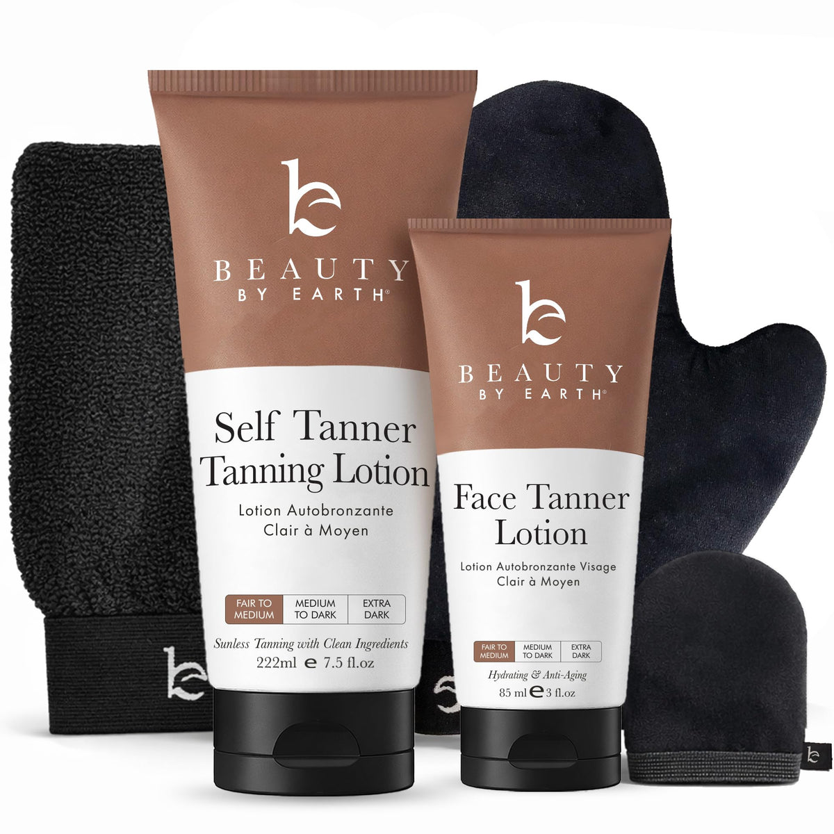 Beauty by Earth kit front packaging showing complete tanning set and convenience
