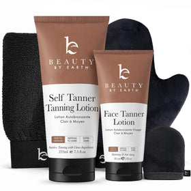 Beauty by Earth kit front packaging showing complete tanning set and convenience