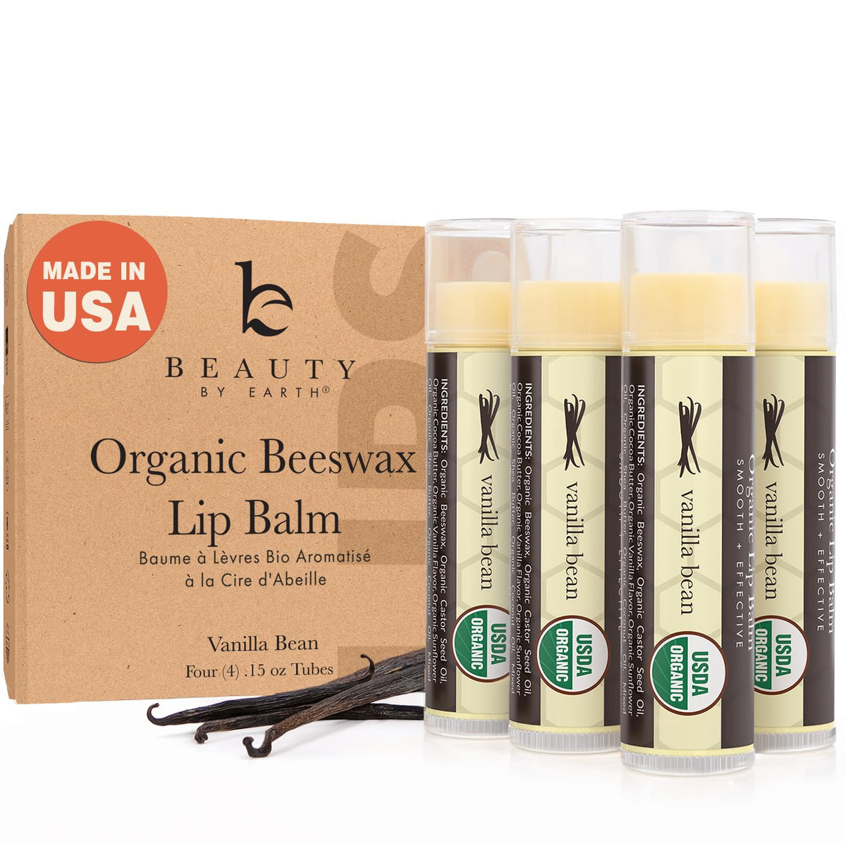 Beauty by Earth front packaging showing vanilla lip balm and clean ingredients benefits