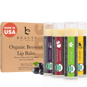 Beauty by Earth front packaging showing four organic lip balms, convenient set