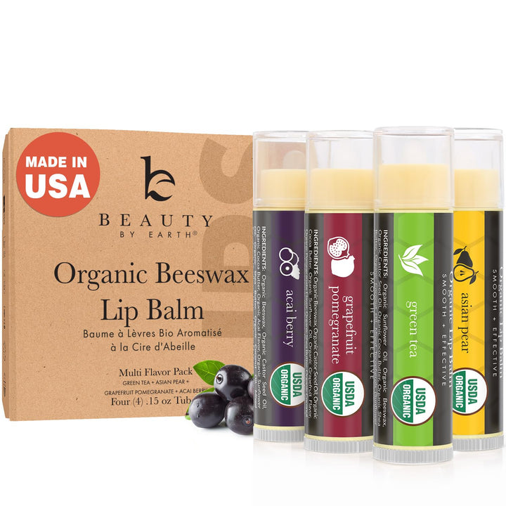 Beauty by Earth front packaging showing four organic lip balms, convenient set