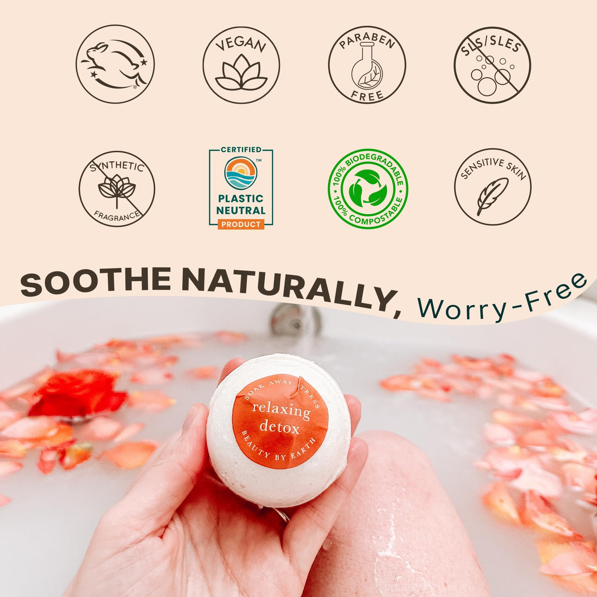 Beauty by Earth ingredients flatlay with shea, cocoa, and Epsom salt for nourishment