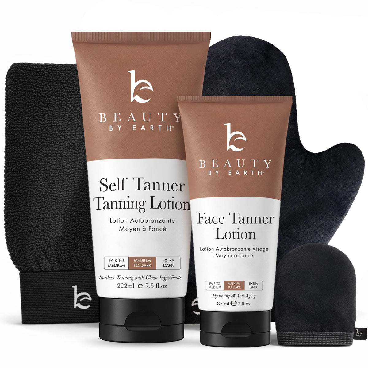 Beauty by Earth kit front packaging showing clean organic tanner — clear ingredient benefit
