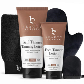 Beauty by Earth kit front packaging showing clean organic tanner — clear ingredient benefit