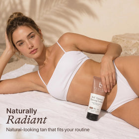 Beauty by Earth lifestyle bathroom vanity setup illustrating at-home tanning routine