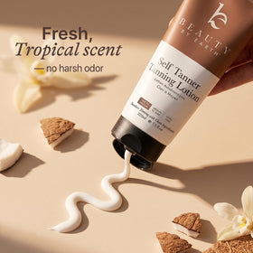Beauty by Earth lifestyle bathroom vanity scene showing easy, at-home tanning routine