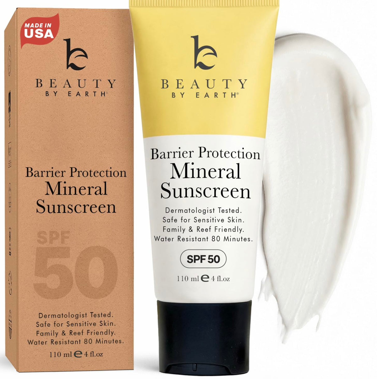 Beauty by Earth front bottle showing SPF 50 protection and clean design benefit