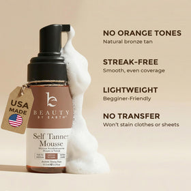 Beauty by Earth applying mousse with a mitt for even, streak-free coverage benefit