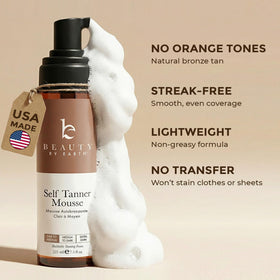 Beauty by Earth mousse being applied with a mitt for streak-free, even coverage benefit