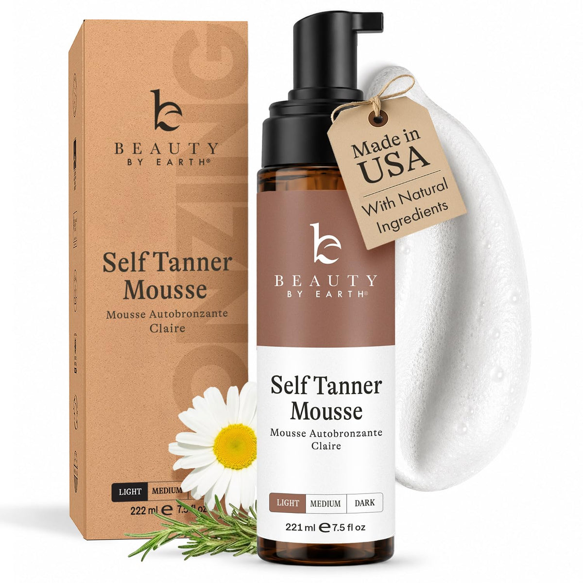 Beauty by Earth bottle front view showing clean, natural self-tanner branding and benefit