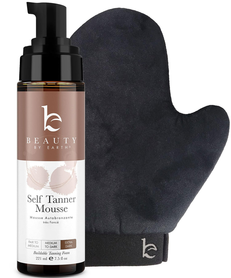 Beauty by Earth front packaging showing mousse and mitt for effortless application