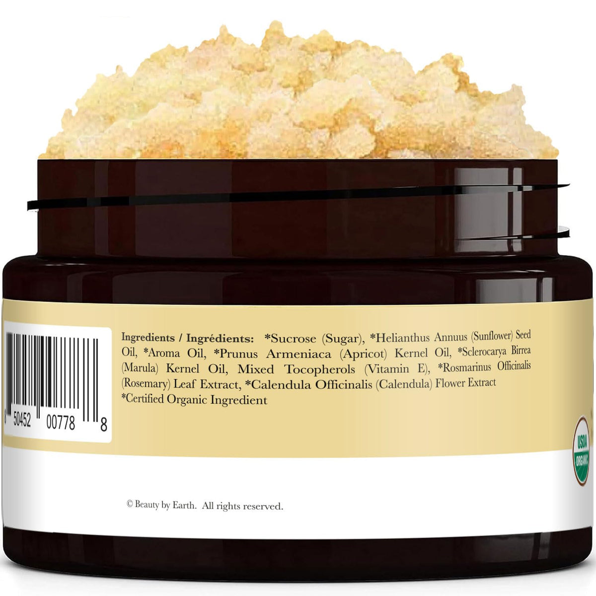 Beauty by Earth packaging label detail showing organic and made-in-USA claims