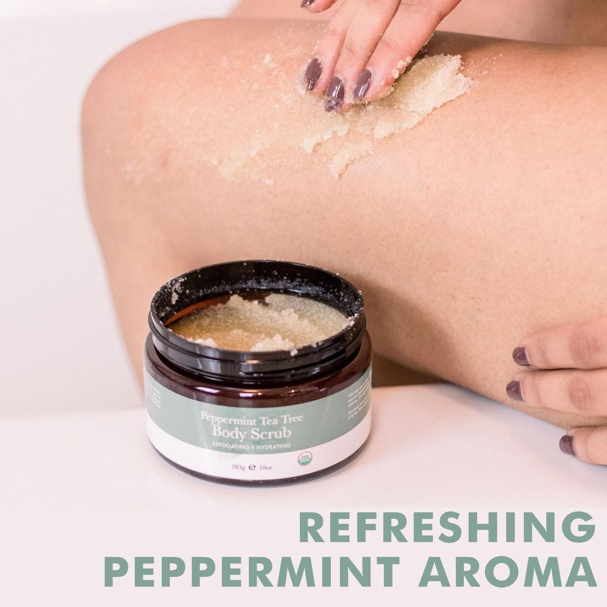 Beauty by Earth scrub in a bathroom setting showing routine-ready moisturizing body care