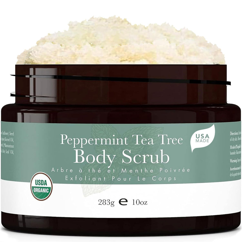 Beauty by Earth jar front view showing peppermint tea tree sugar scrub for smooth skin