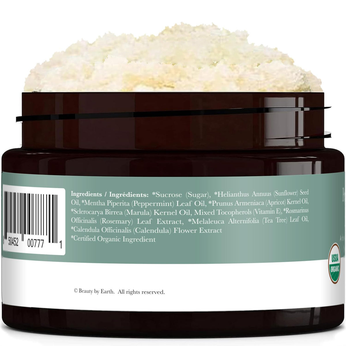 Beauty by Earth label close-up showing organic certification and ingredient transparency