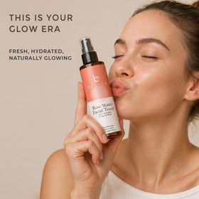 Beauty by Earth bottle on bathroom vanity evoking calming, daily skincare ritual