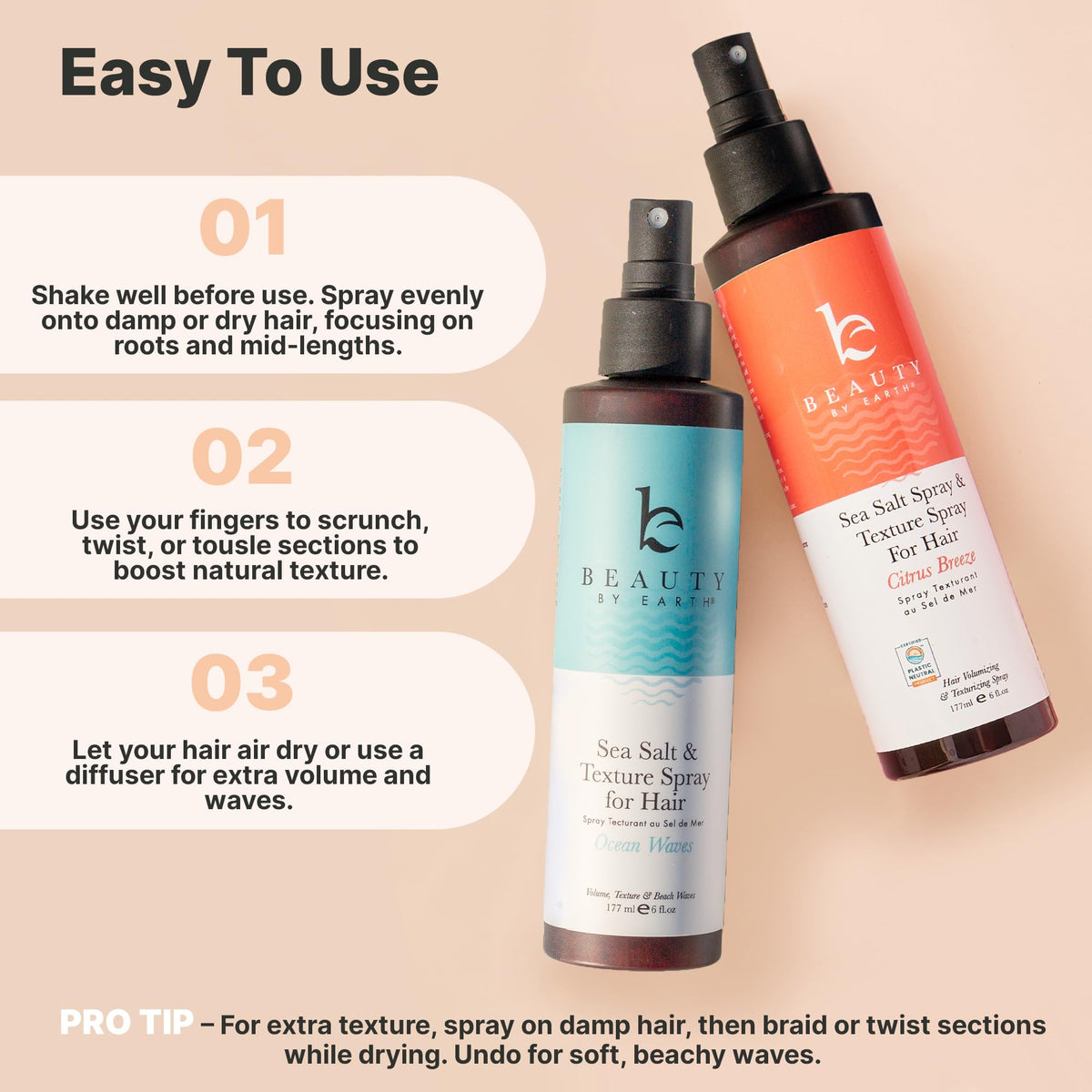 Beauty by Earth bottle on a beach setting communicating ocean scent and effortless style benefit