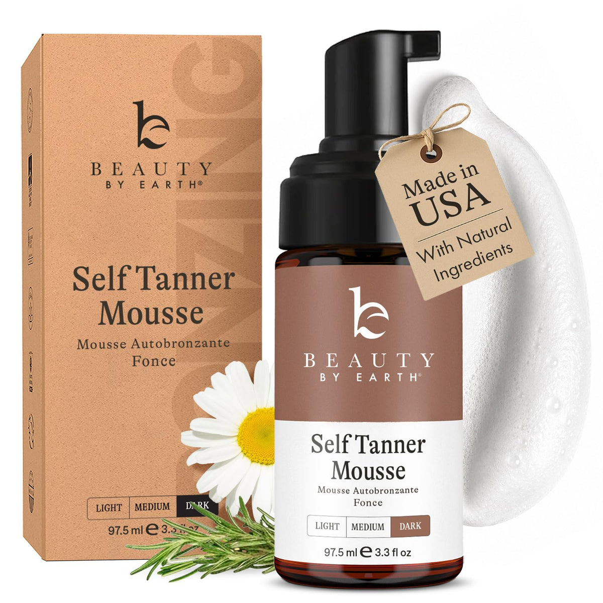 Beauty by Earth front packaging showing clean, dark self tanner mousse benefits