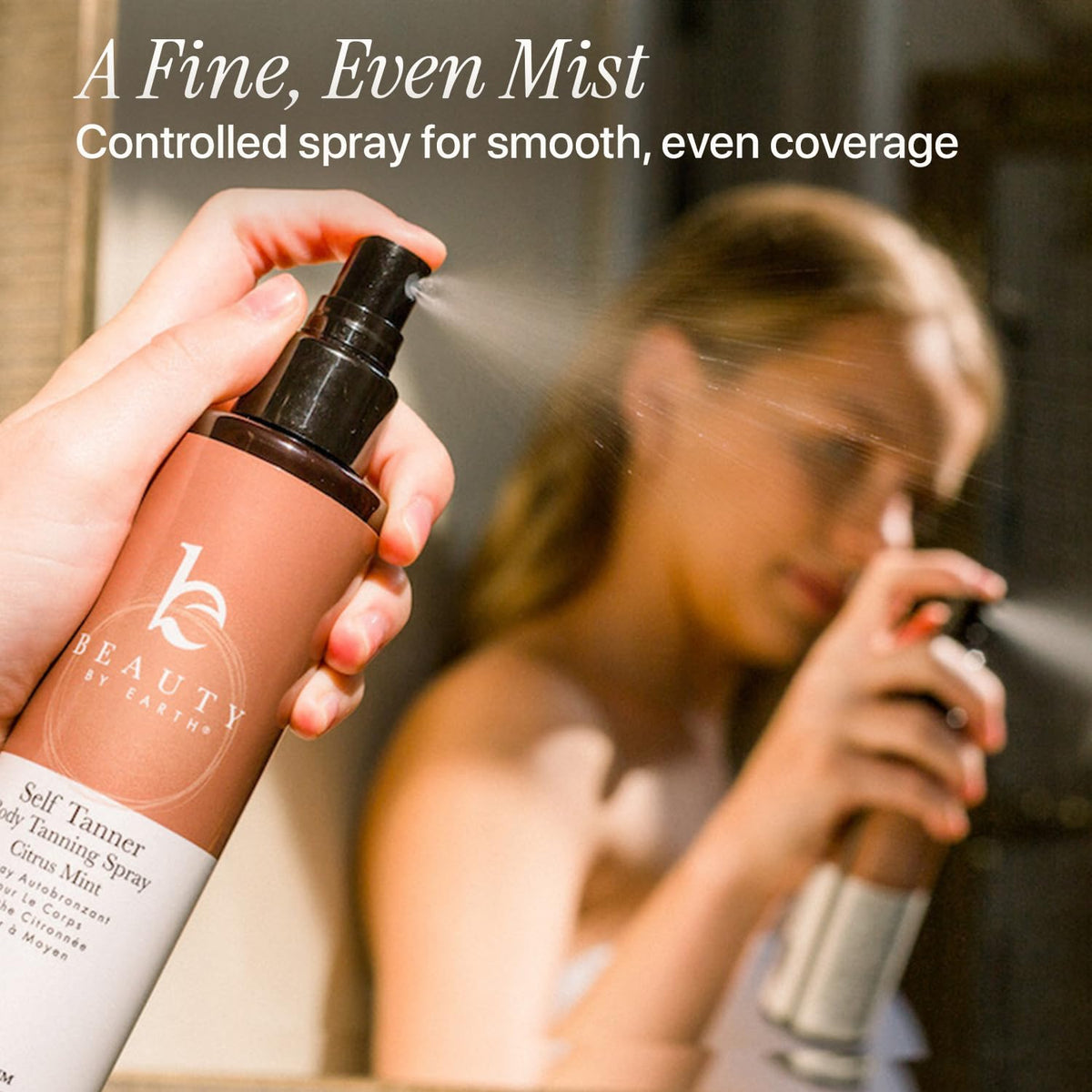 Beauty by Earth spray in bathroom lifestyle showing easy at-home use