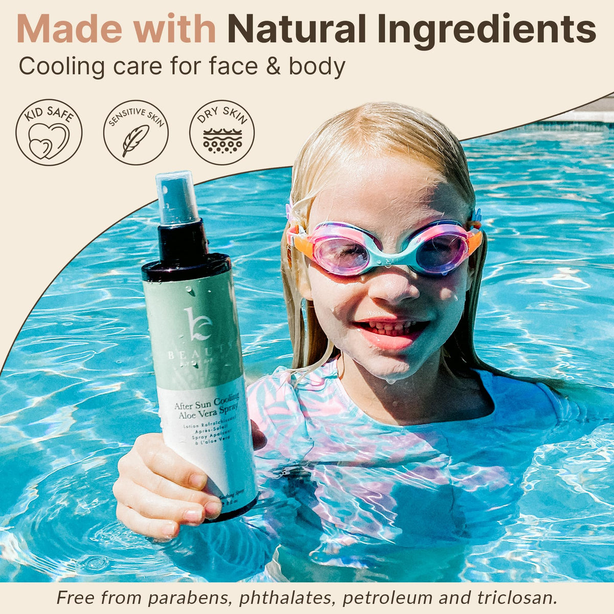 Beauty by Earth spraying onto shoulder to soothe sun-exposed skin