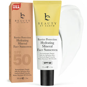 Beauty by Earth front packaging showing SPF 50 and mineral sunscreen benefits