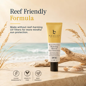 Beauty by Earth ingredients label highlighting organic and reef-friendly formulation